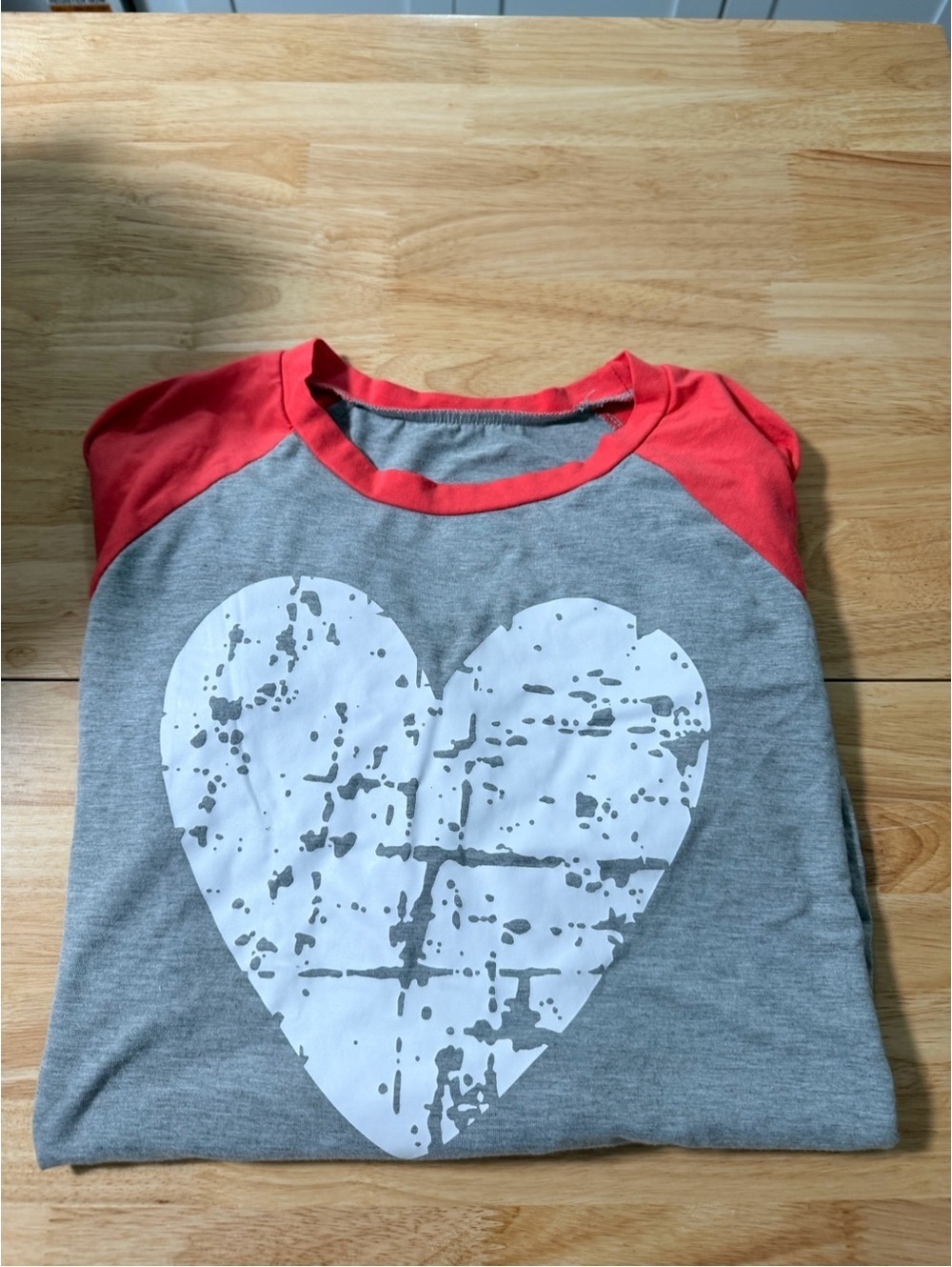 Girls Grey Raglan Tee with Red Sleeves & Distressed Heart Graphic